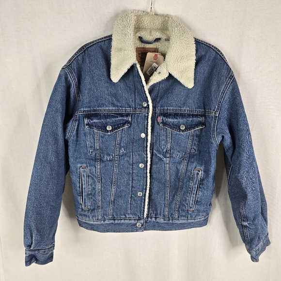 NEW Levis Womens XS Sherpa Lined Denim Jean Medium Wash Jacket Trucker - Picture 1 of 16